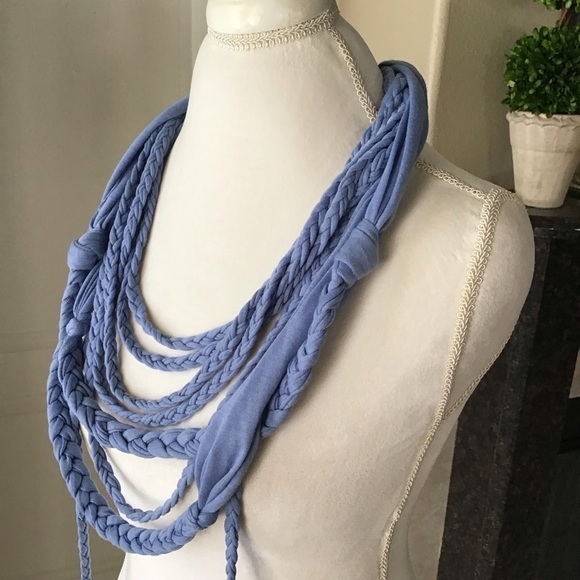 NEW Scarf Necklace Blue Multi Loop Braid Tassel Knot Multi Loop SOFT Knit Boho - Picture 7 of 9